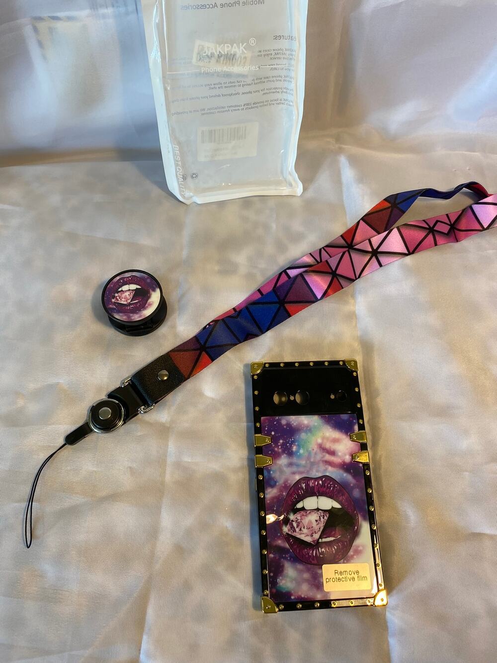 Google Pixel 7 Pro Square Corner Case, Diamond Lips Pattern W Kickstand, Lanyard